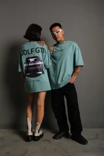Oversize Tişört Golf GTI Retro Araba Baskılı T-shirt- Mint Yeşili