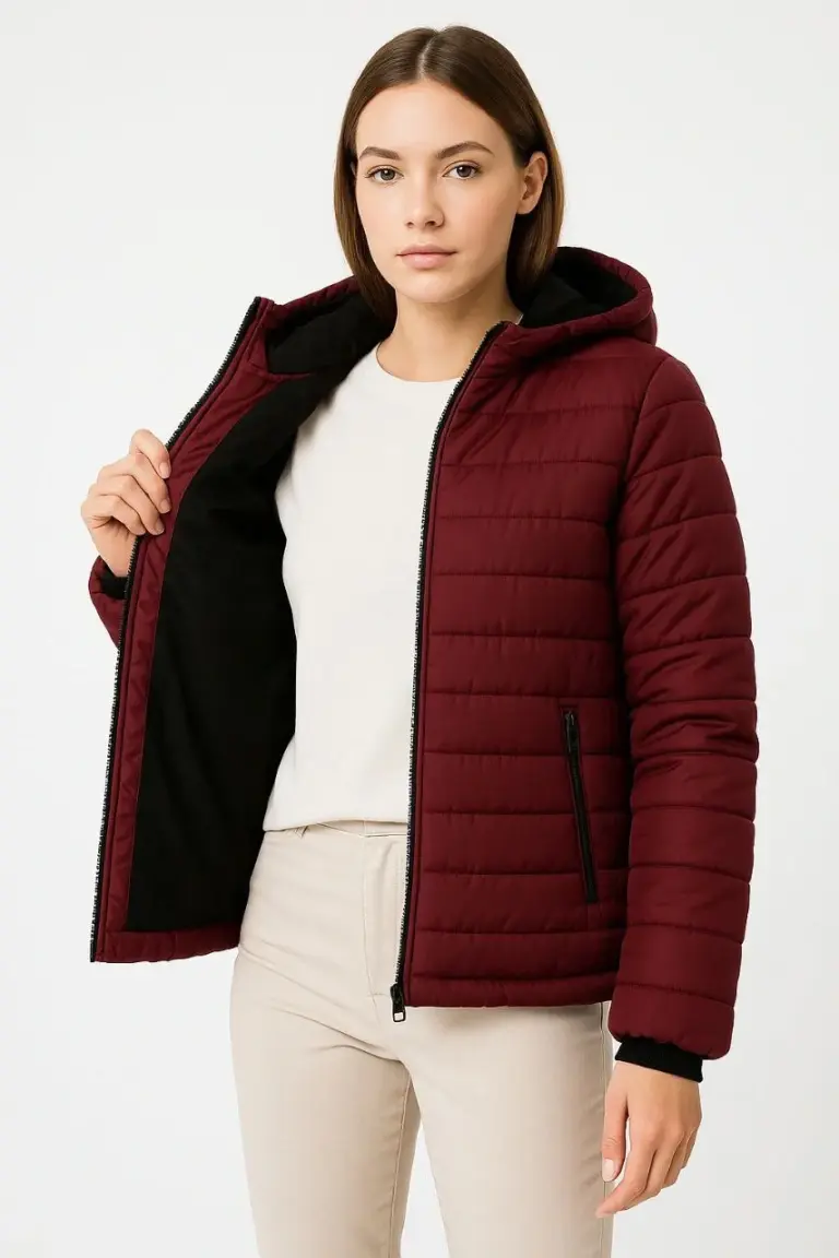 Şişme Kapüşonlu Fermuarlı Mont Su İtici Kapitone Cepli Ceket - Bordo