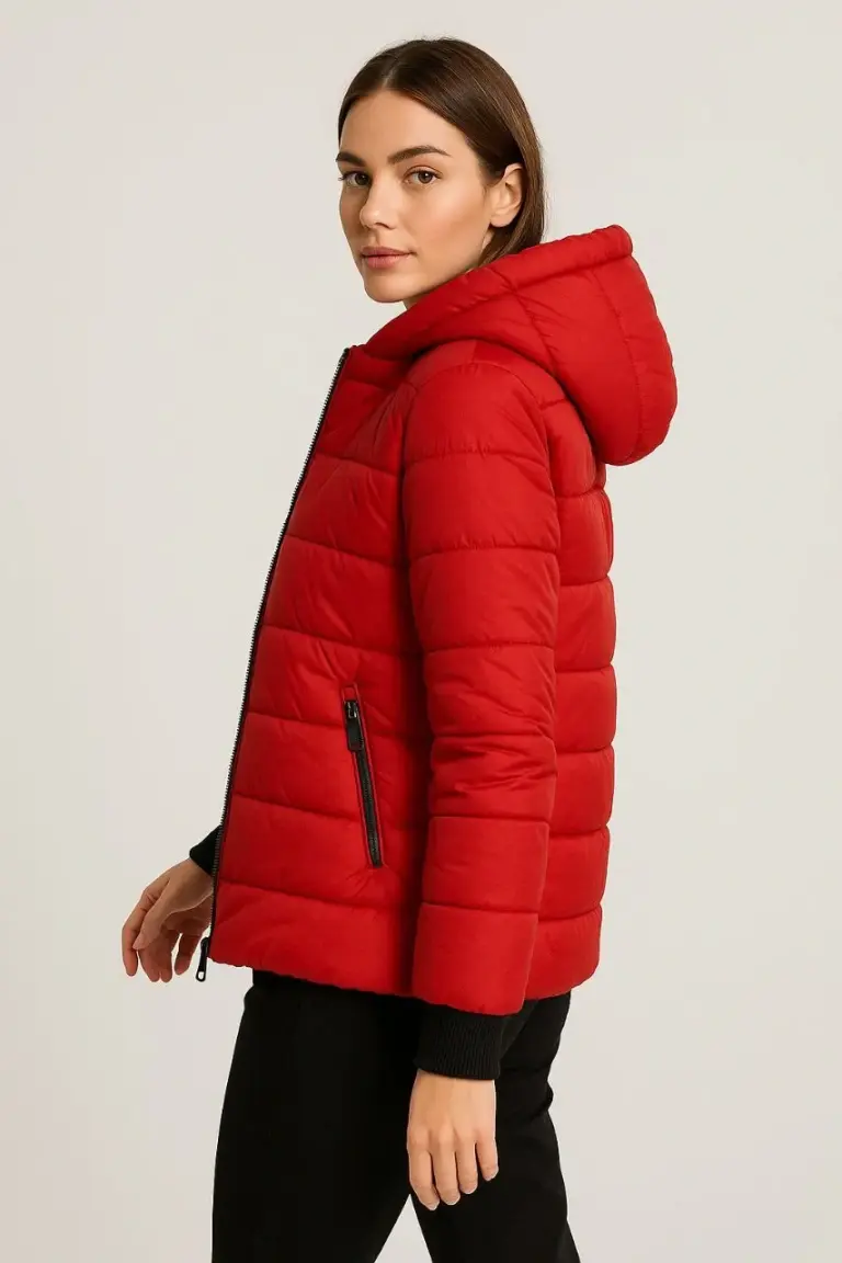 Şişme Kapüşonlu Fermuarlı Mont Su İtici Kapitone Cepli Ceket -  Kırmızı