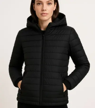 Şişme Kapüşonlu Fermuarlı Mont Su İtici Kapitone Cepli Ceket - Siyah