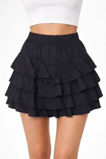 Siyah Katlı Mini Fırfıtlı Etek Lastikli Yüksel Bel Volanlı Tasarım Kalıp ve - Siyah