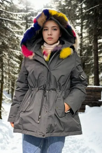 Premium Doğal Kürk Su Geçirmez Kapüşonlu Mont - Füme