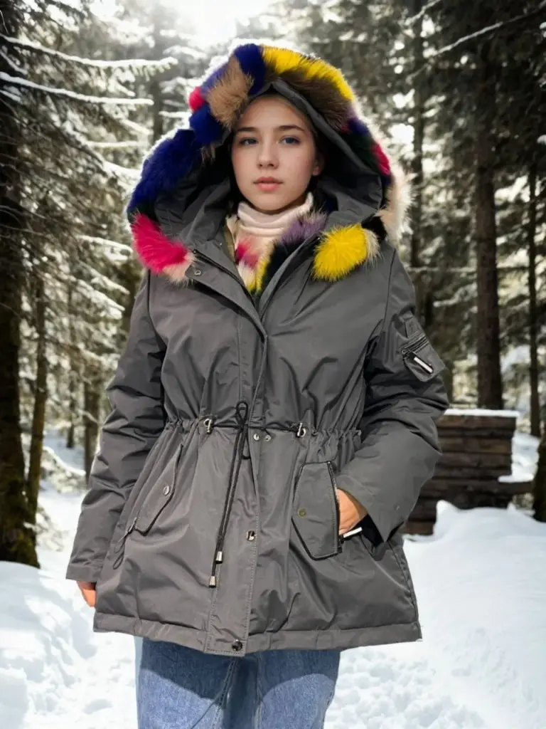 Premium Doğal Kürk Su Geçirmez Kapüşonlu Mont - Füme