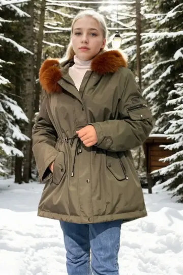 Premium Doğal Kürk Su Geçirmez Kapüşonlu Mont - Haki
