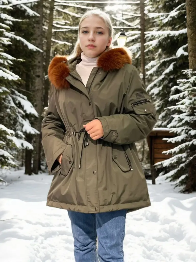 Premium Doğal Kürk Su Geçirmez Kapüşonlu Mont - Haki