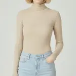 Tam Boğazlı Fitilli Likralı Kaşkorse Badi İnce Uzun Kollu -  Bej