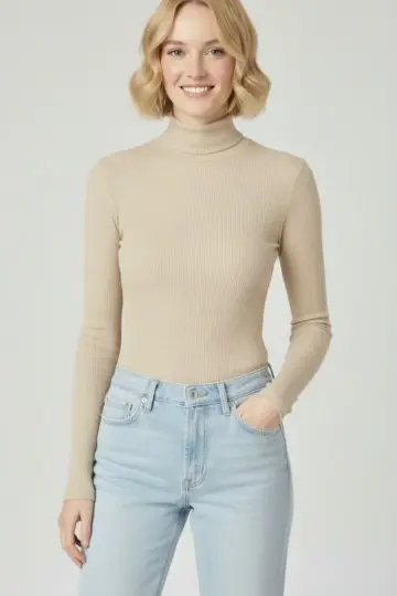 Tam Boğazlı Fitilli Likralı Kaşkorse Badi İnce Uzun Kollu -  Bej