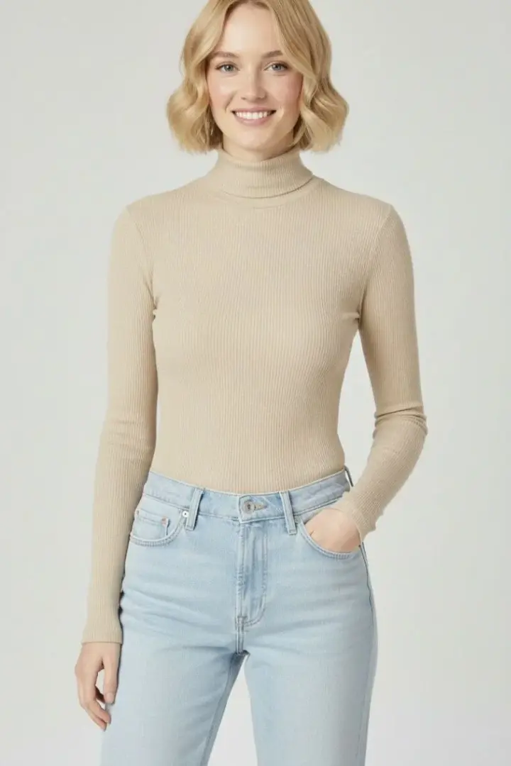 Tam Boğazlı Fitilli Likralı Kaşkorse Badi İnce Uzun Kollu -  Bej