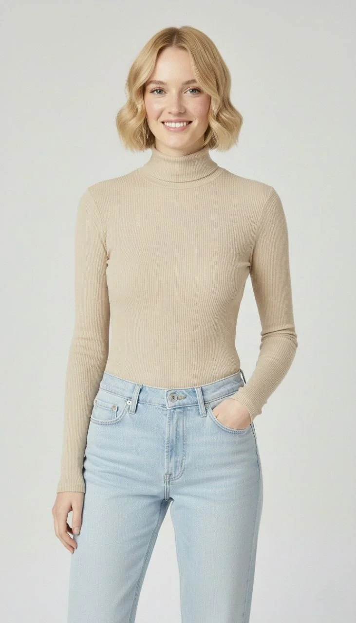 Tam Boğazlı Fitilli Likralı Kaşkorse Badi İnce Uzun Kollu -  Bej