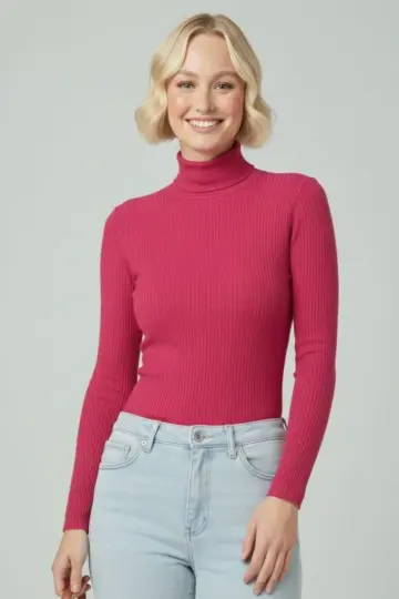 Tam Boğazlı Fitilli Likralı Kaşkorse Badi İnce Uzun Kollu -  Pembe