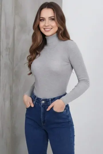 Tam Boğazlı Fitilli Likralı Kaşkorse Badi İnce Uzun Kollu -  Gri