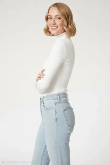 Tam Boğazlı Fitilli Likralı Kaşkorse Badi İnce Uzun Kollu - Beyaz