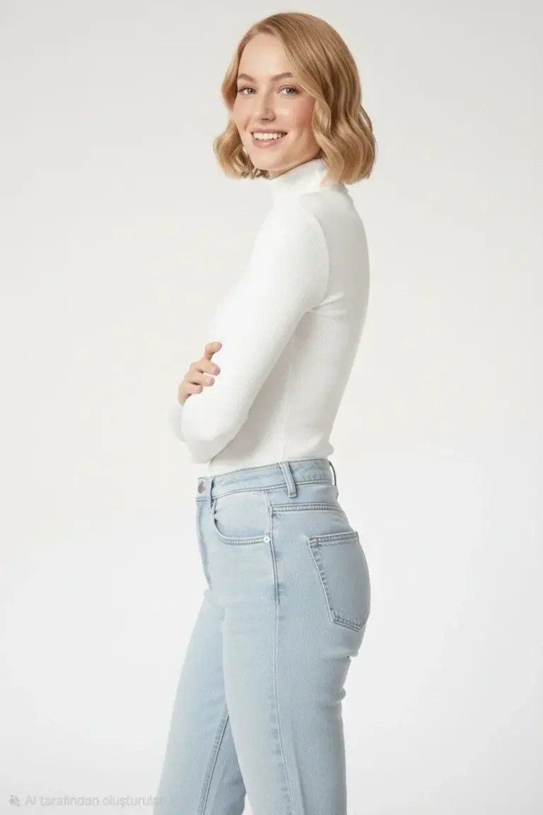 Tam Boğazlı Fitilli Likralı Kaşkorse Badi İnce Uzun Kollu - Beyaz