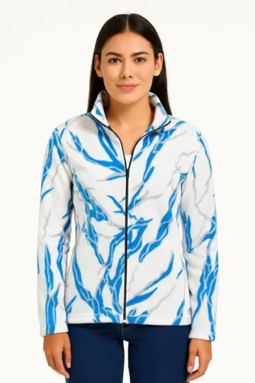 Tam Fermuarlı Desenli Polar Yakalı Uzun Kollu Oversize - Beyaz