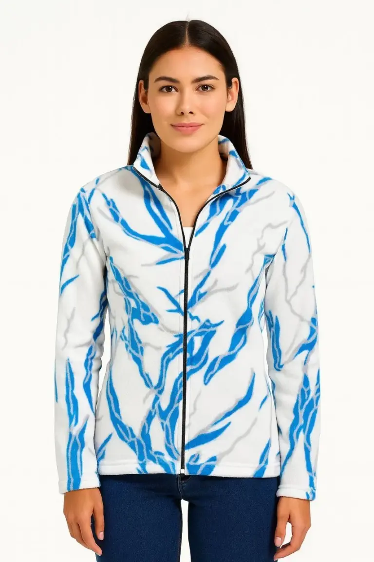 Tam Fermuarlı Desenli Polar Yakalı Uzun Kollu Oversize - Beyaz