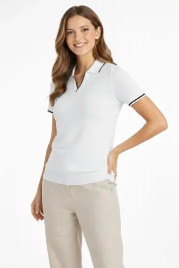 Yazlık Dokuma Triko Tişört Düğmesiz Polo Yaka Kısa Kol T-Shirt - Beyaz