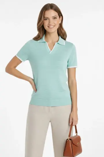 Yazlık Dokuma Triko Tişört Düğmesiz Polo Yaka Kısa Kol T-Shirt - Mint Yeşili