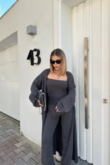 Triko 3 Parça Takım Straplez Üst Pantolon Uzun Hırka - Füme