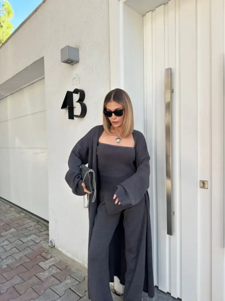 Triko 3 Parça Takım Straplez Üst Pantolon Uzun Hırka - Füme