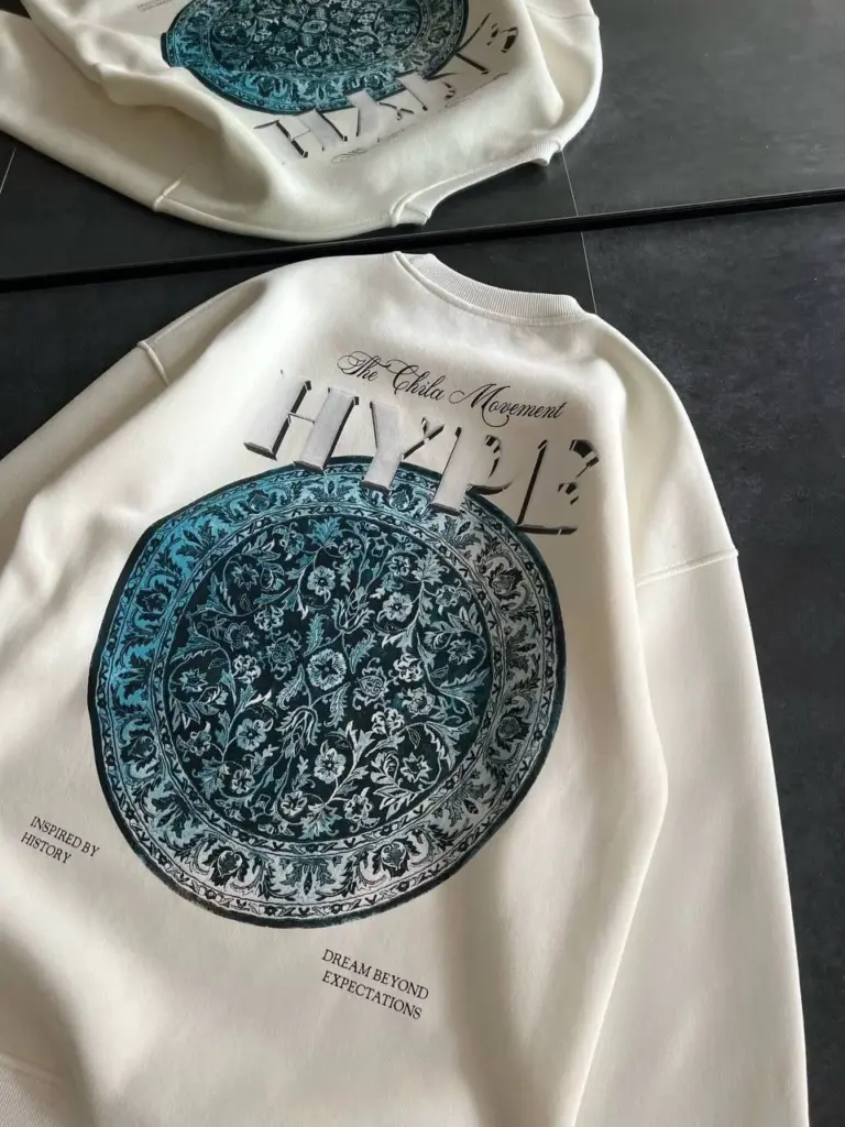 3 İplik Pamuklu Bisiklet Yaka Baskılı SweatShirt - Beyaz
