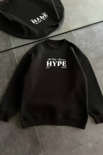 3 İplik Pamuklu Bisiklet Yaka Baskılı SweatShirt - Siyah