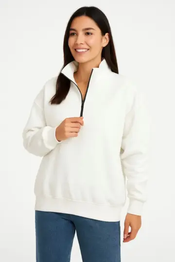 3 İplik Pamuklu Dık Yaka Yarım Fermuarlı SweatShirt - Beyaz