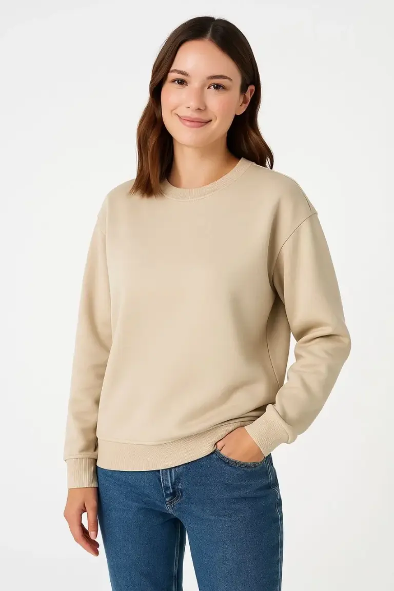 3 İplik Pamuklu Düz Bisiklet Yaka SweatShirt - Bej