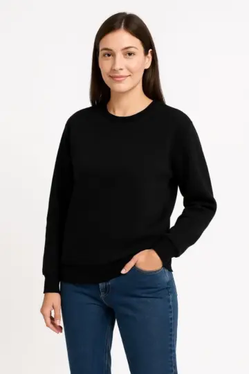 3 İplik Pamuklu Düz Bisiklet Yaka SweatShirt - Siyah