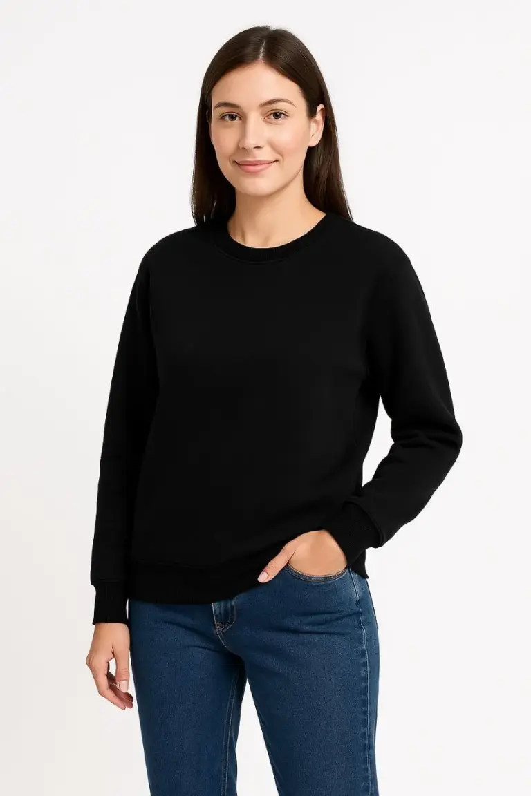 3 İplik Pamuklu Düz Bisiklet Yaka SweatShirt - Siyah