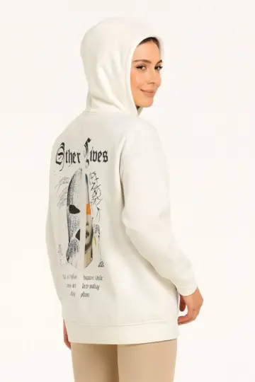 Oversize Kapüşonlu Kanguru Cepli Baskılı 3 İplik Pamuklu Sweatshirt Hoodie - Beyaz