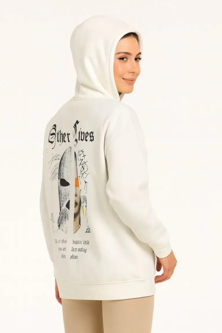 Oversize Kapüşonlu Kanguru Cepli Baskılı 3 İplik Pamuklu Sweatshirt Hoodie - Beyaz