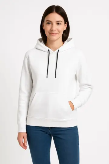 Kapüşonlu Kanguru Cepli 3 İplik Pamuklu Oversize Hoodie Sweatshirt - Beyaz