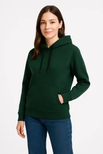 3 İplik Pamuklu Kapüşonlu Kanguru Cepli Sweatshirt hoodie - Haki