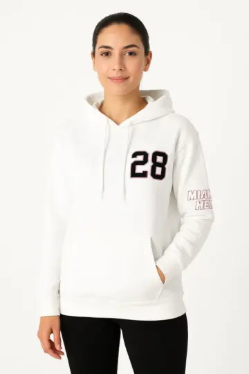 Kapüşonlu Kanguru Cepli Sweatshirt 3 İplik Pamuklu Baskılı Hoodie - Beyaz