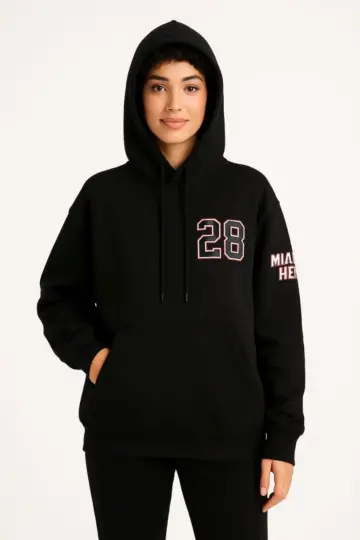 3 İplik Pamuklu Kapüşonlu Kanguru Cepli Baskılı Hoodie Sweatshirt - Siyah