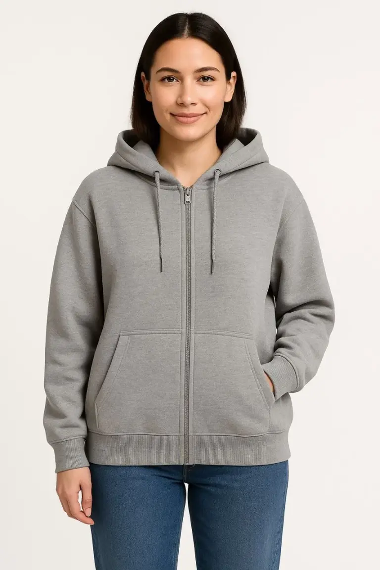 3 İplik Pamuklu Kapüşonlu Tam Fermuarlı Kanguru Cepli Sweatshirt Hoodie - Gri