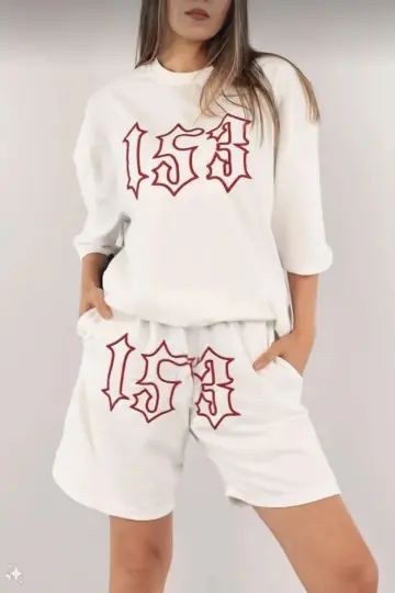 Nakış İşlemeli Şort Kısa kol Alt-Üst Takım - Beyaz