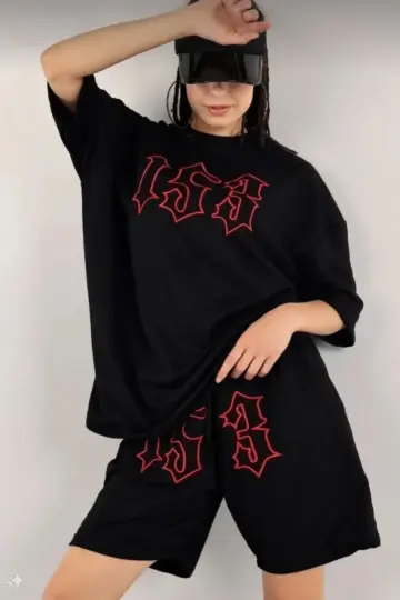 Nakış İşlemeli Şort Kısa kol Alt-Üst Takım - Siyah