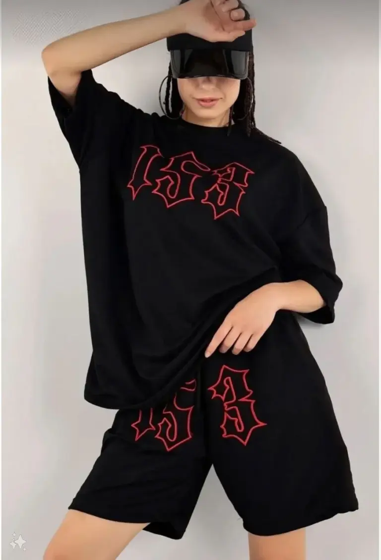 Nakış İşlemeli Şort Kısa kol Alt-Üst Takım - Siyah