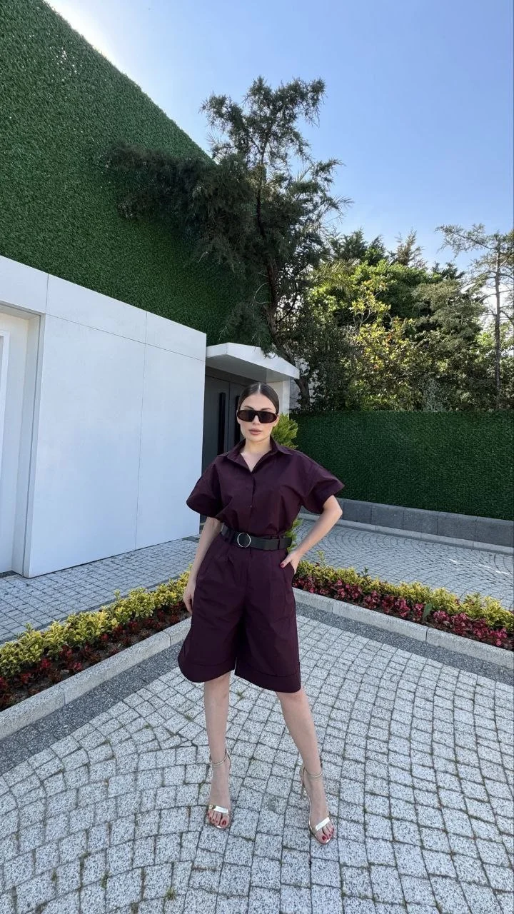 Yakalı Gömlek Kemerli Şortlu Alt-Üst Takım - Bordo