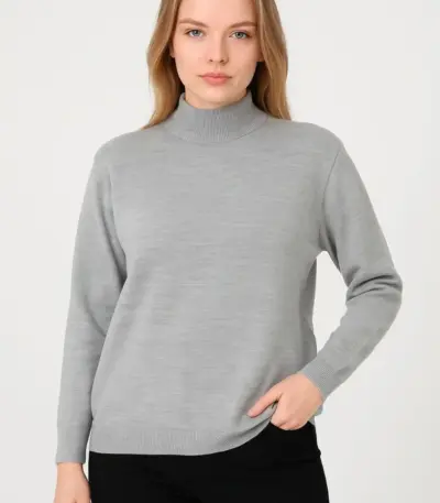 Yarım Boğaz Triko Yumuşak Dokulu Pamuklu Uzun Kollu Kazak -  Gri