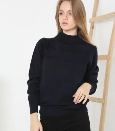 Yarım Boğaz Triko Yumuşak Dokulu Pamuklu Uzun Kollu Kazak - Siyah