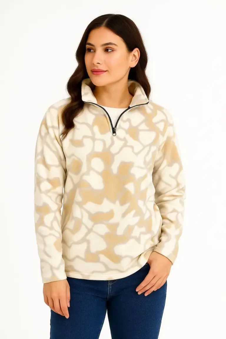 Yarım Fermuarlı Desenli Polar Sweat Yakalı Uzun Kollu Oversize Kalıp - Bej