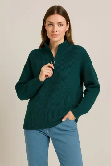 Yarım Fermuarlı Triko Kazak Selanik Örgü Dik Yaka Pamuklu Dokuma Oversize - Haki