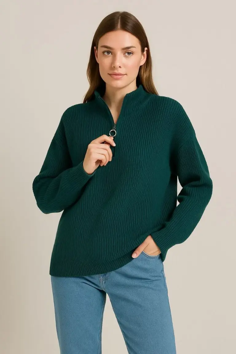 Yarım Fermuarlı Triko Kazak Selanik Örgü Dik Yaka Pamuklu Dokuma Oversize - Haki