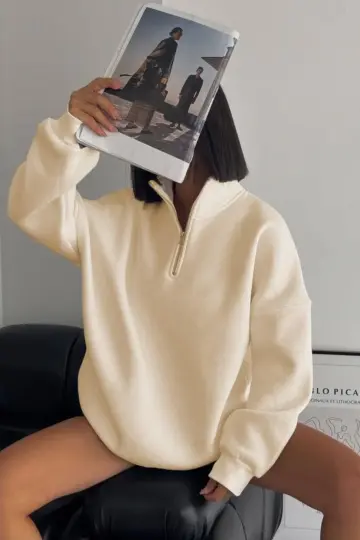 3 İplik Pamuklu Oversize Yarım Fermuarlı Yakalı Basic Sweatshirt - Bej