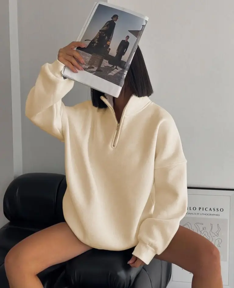 3 İplik Pamuklu Oversize Yarım Fermuarlı Yakalı Basic Sweatshirt - Bej