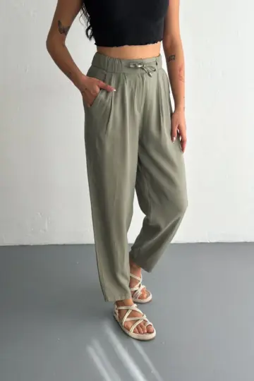Yüksel Bel Beli Bağcıklı Cepli Rahat Paça Pantolon - Su Yeşili