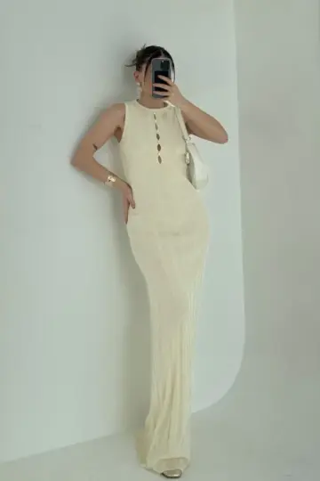 Kalın Fitilli Uzun Triko Elbise - Kırık Beyaz