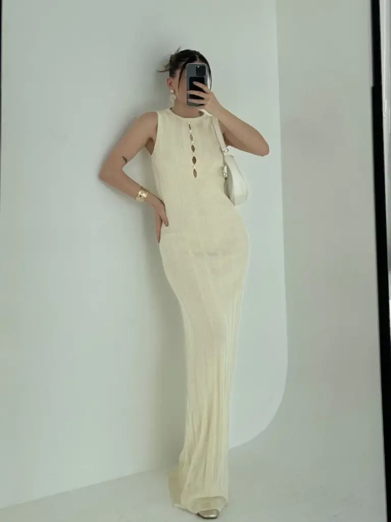 Kalın Fitilli Uzun Triko Elbise - Kırık Beyaz